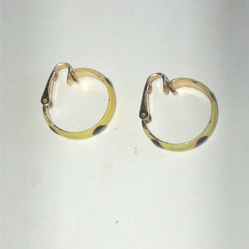 Yellow Clip On Hoop Earrings with Black Dot Accents - Picture 4 of 5